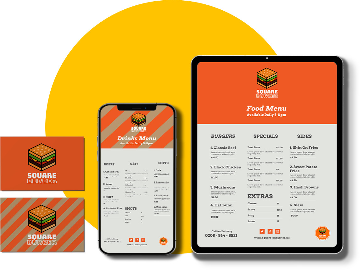 An iPad and a mobile phone displaying the website of one of our clients - 'Square Burger'. Next to them are 2 business cards displaying the Square Burger logo.