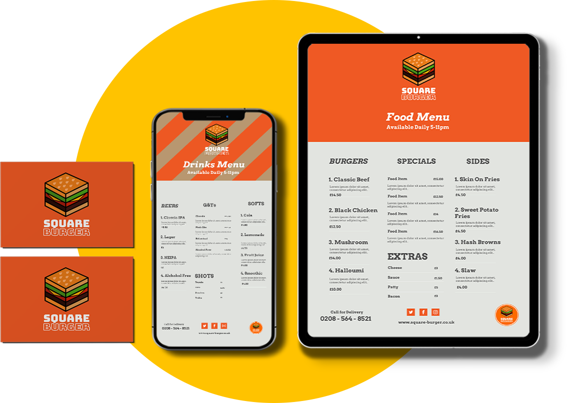 An Ipad, a mobile phone and a business card displaying the logo and website of one one of our clients - 'Square Burger'.