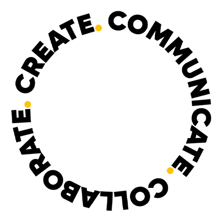 rotating circle with the slogan 'communicate.collaborate.create.' 