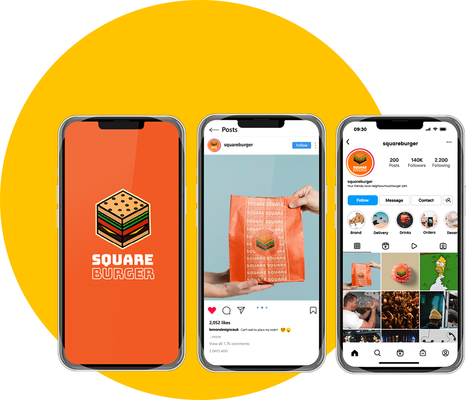 Three mobile phones displaying Square Burger instagram posts as an example of brand strategy.