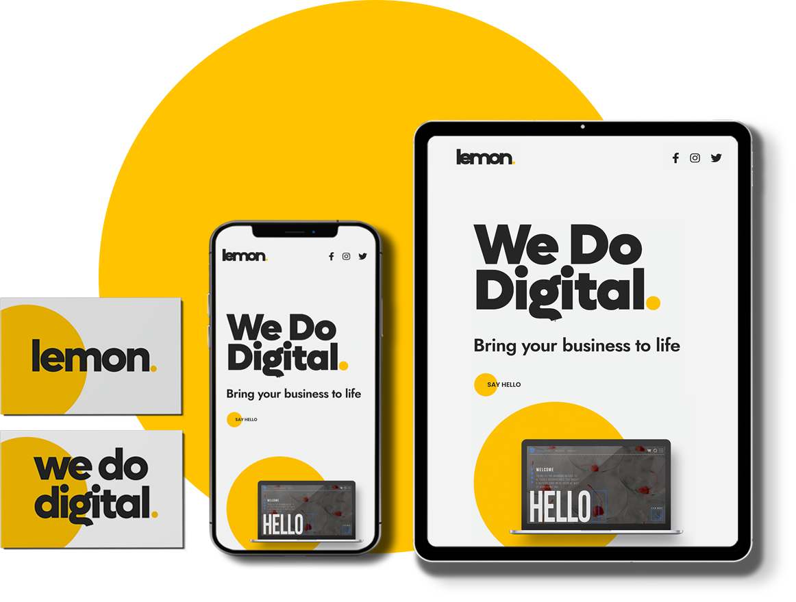 a mobile phone, ipad and business cards all displaying the Lemon Design Co logo