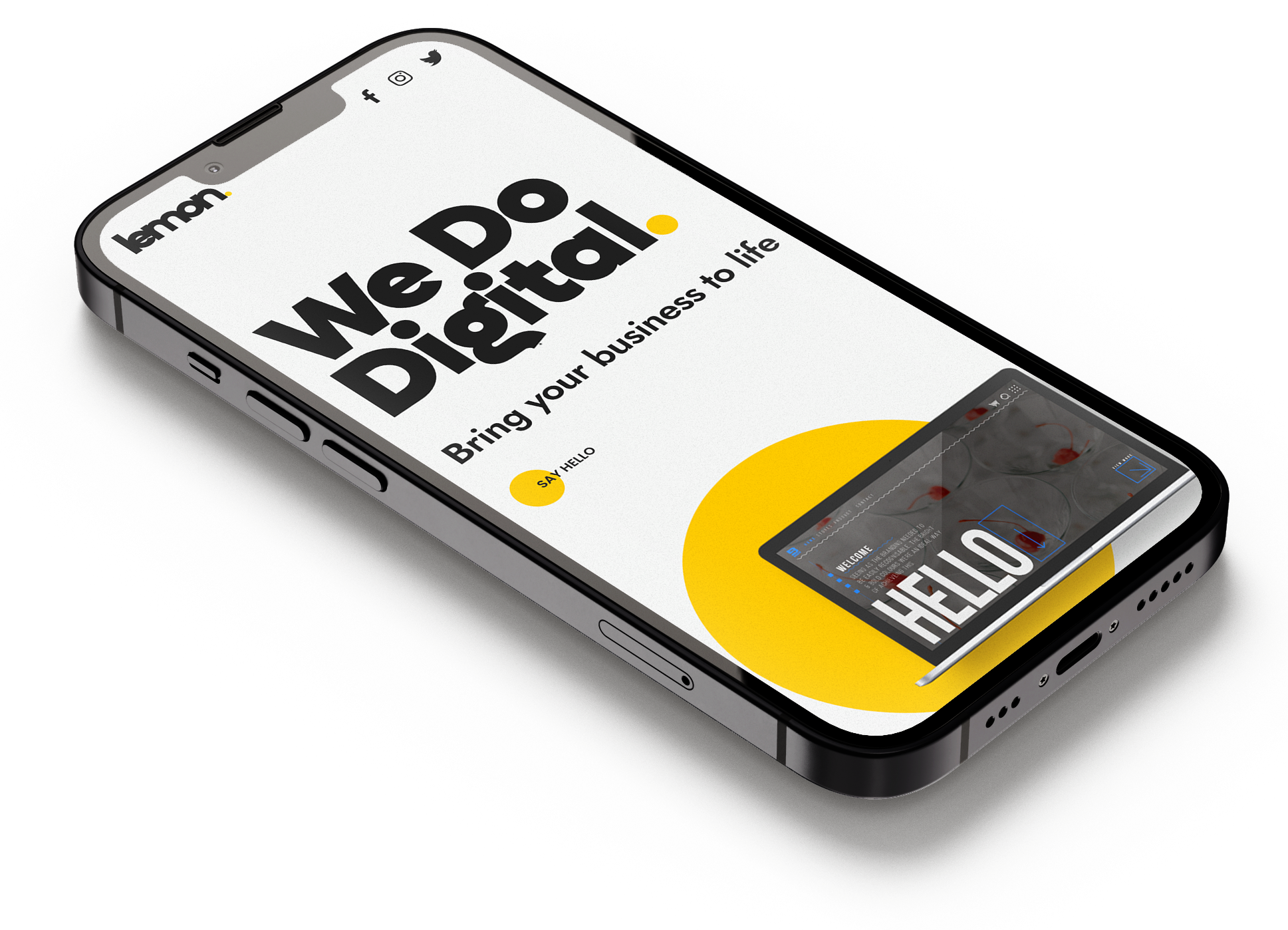 Mobile phone displaying the front page of 'lemon design co'.
