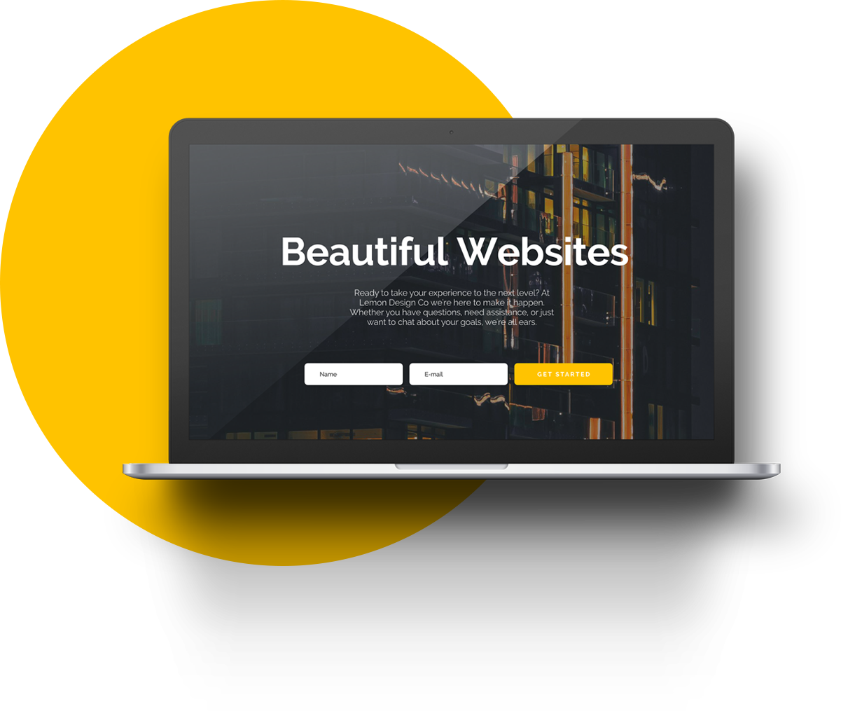 A laptop displaying a website. The page says Beautiful Websites with a contact form below.