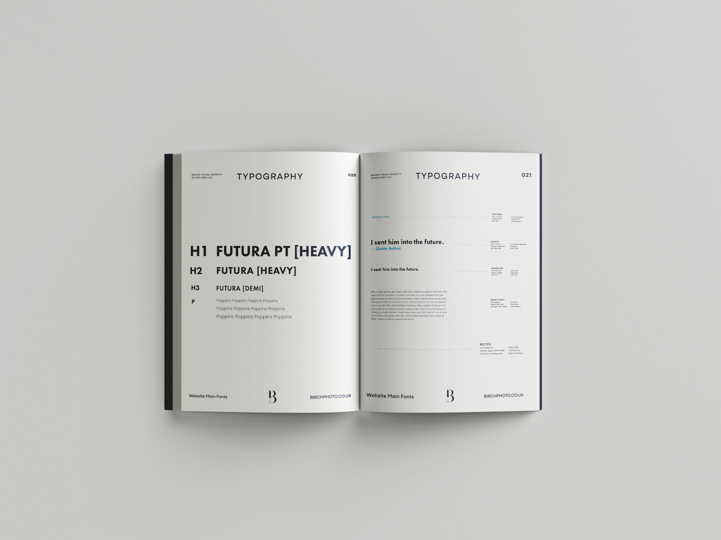 The brand guidelines open on the pages for 'Typography' guides.