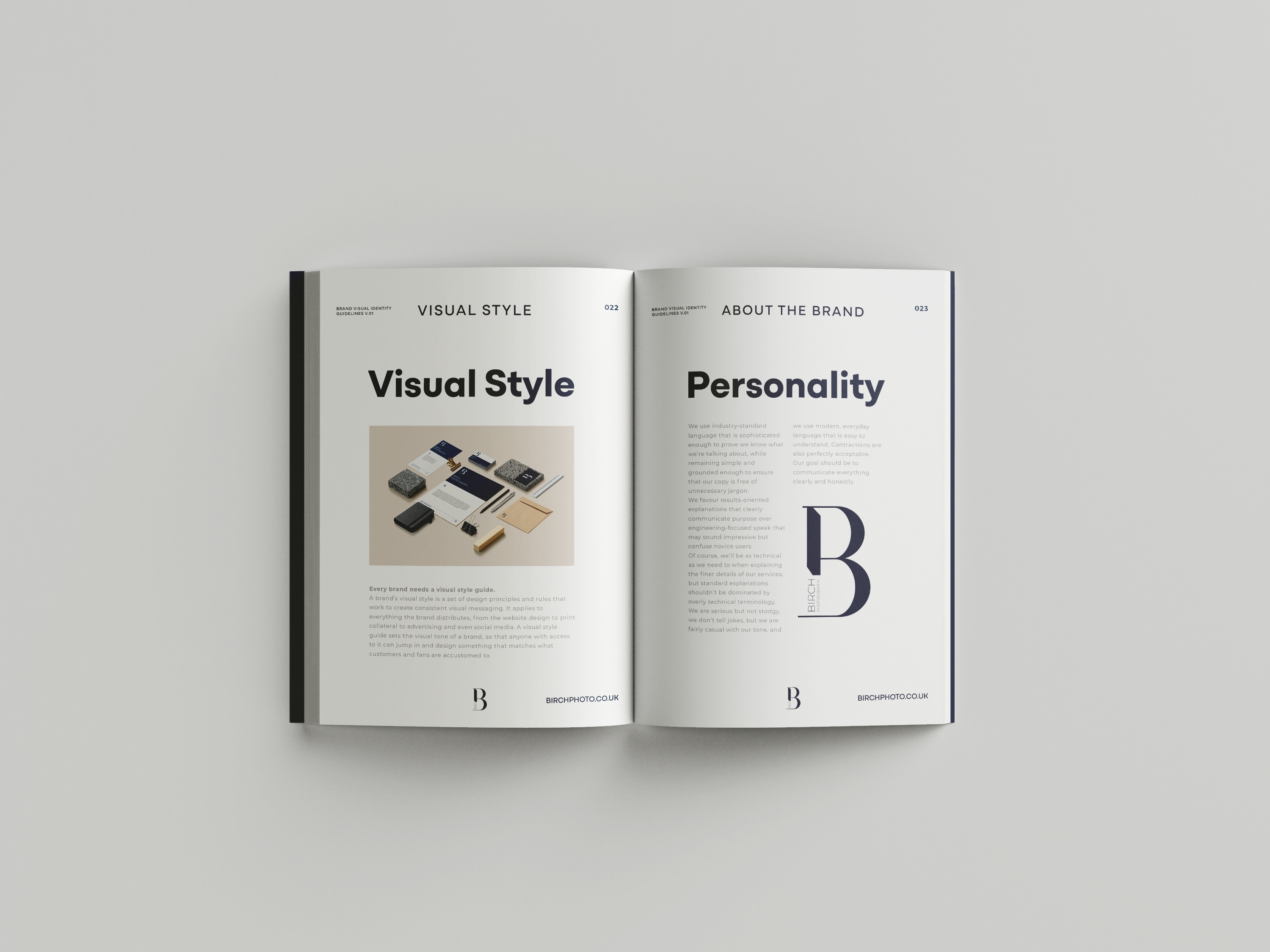 The brand guidelines open on the pages about the personality of the business.