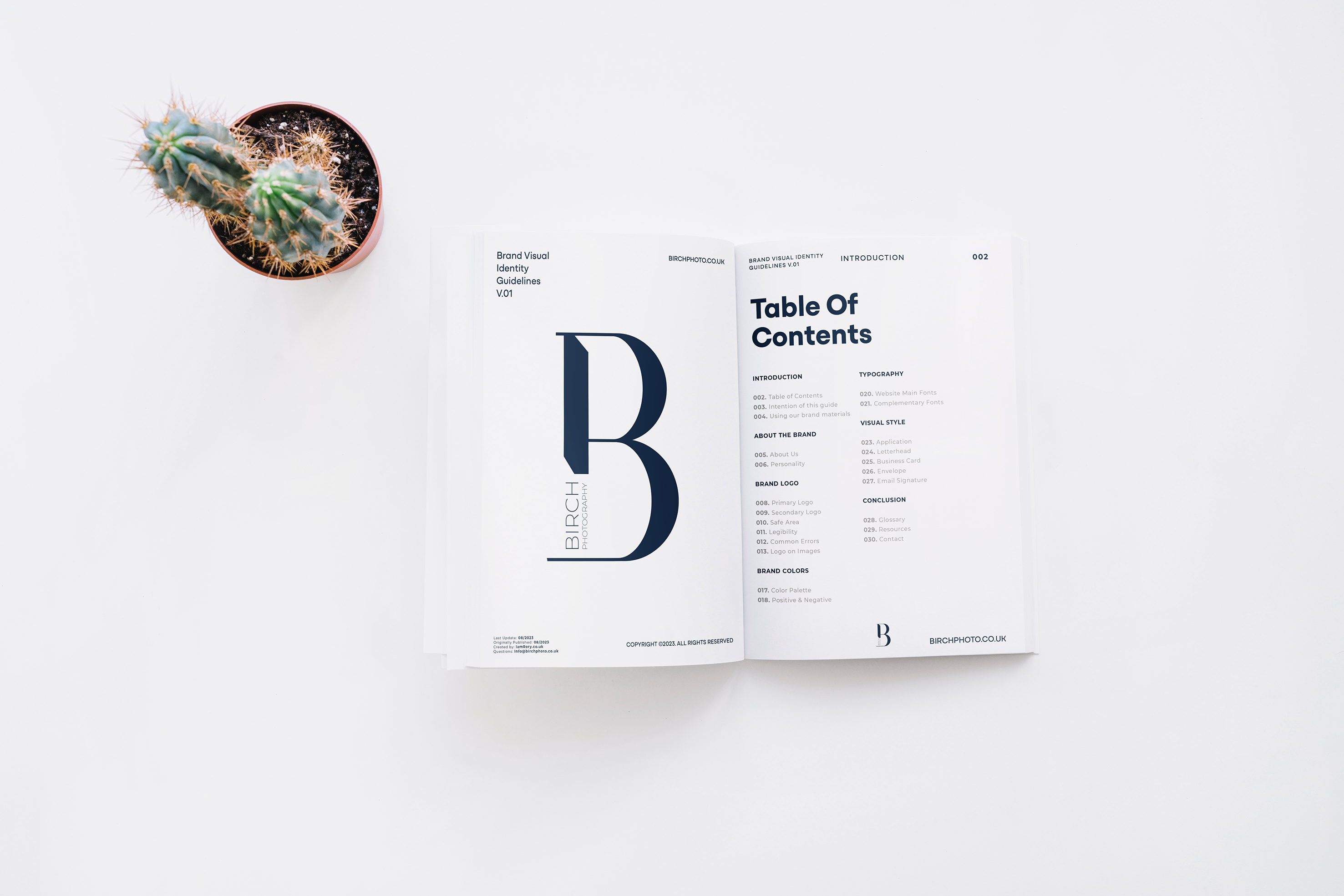 The first pages of the Birch Photography brand guideline book, open on a table. On the corner of the table is a cactus flower.
