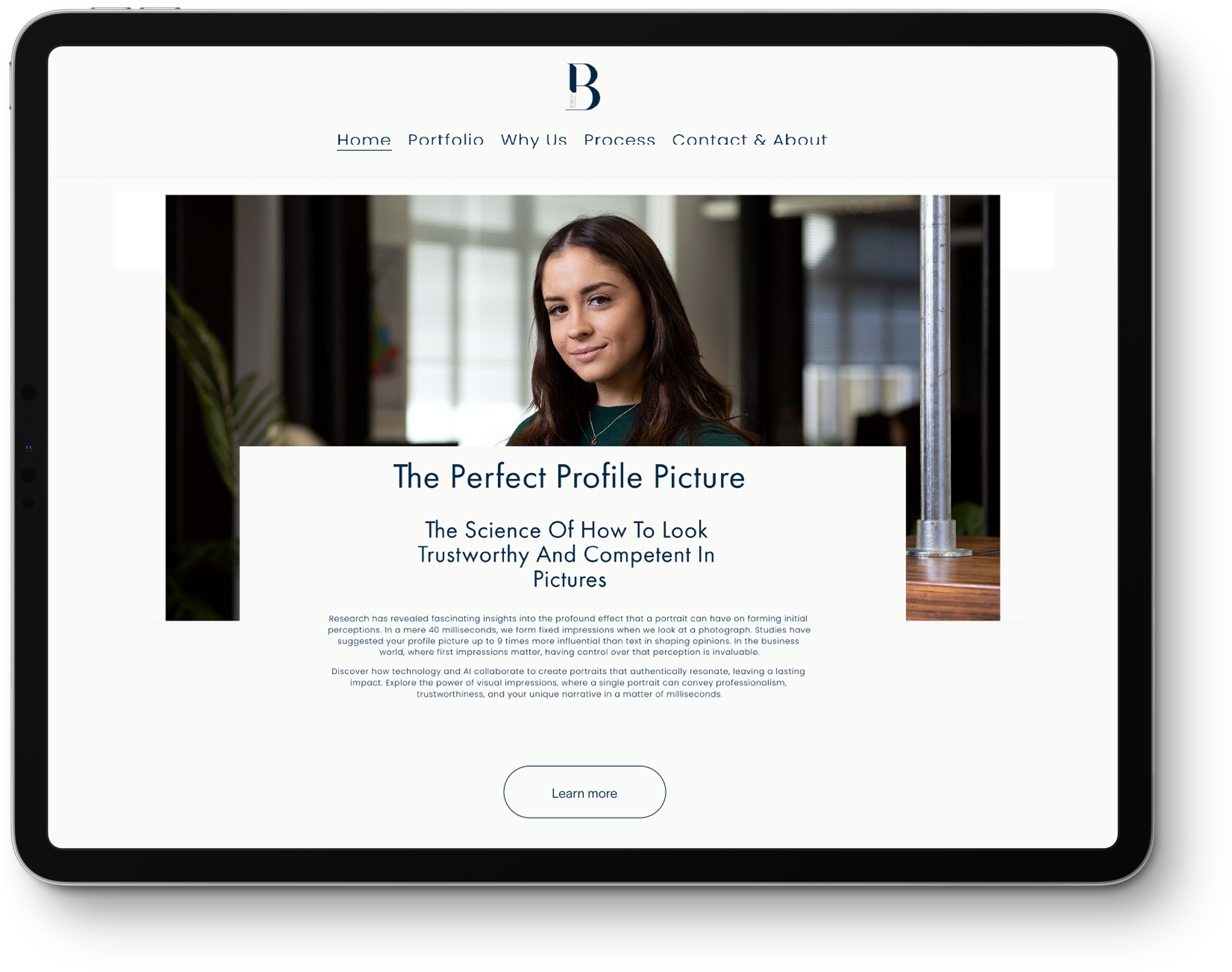 An iPad displaying a page from the website. An image shows a woman smiling at the camera. Below is some text on the perfect profile picture - a excerpt from a different page on the website