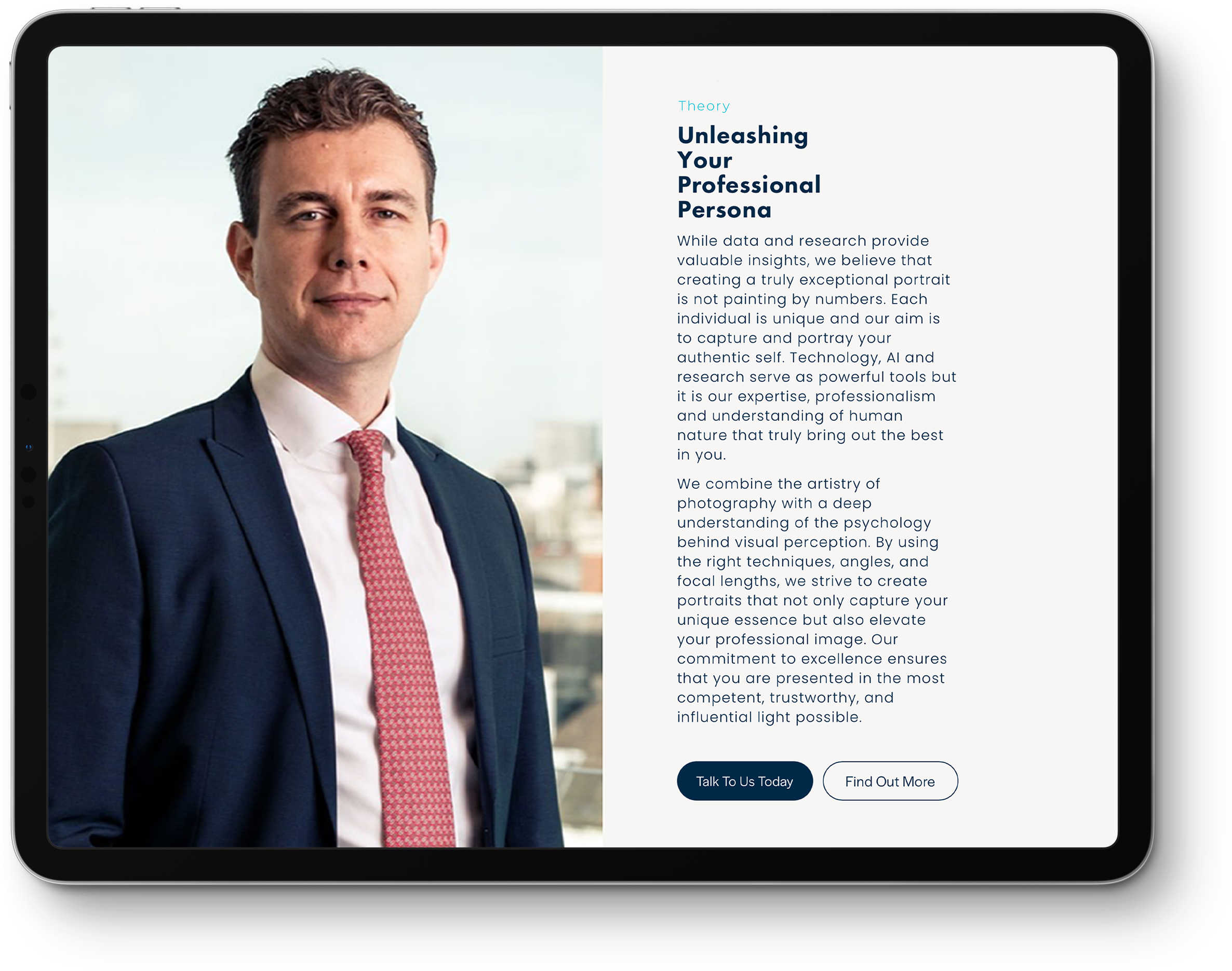 An iPad displaying a page from the website. A portrait of a businessman. Next to it is text about how a professional portrait cab elevate your business image.