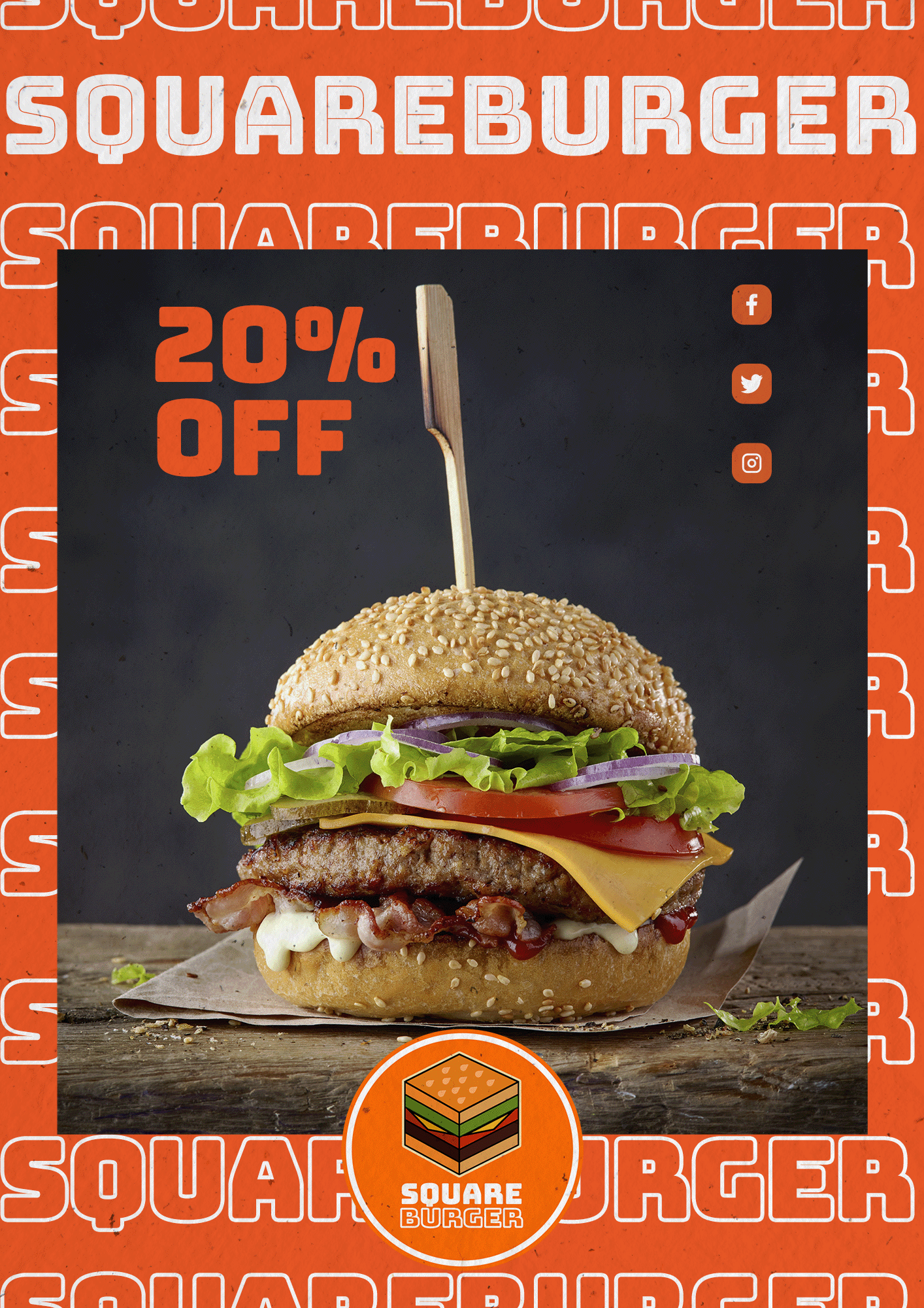 A flyer offering 20% off burgers. Square Burger is prominently displayed down the flyer behind the image of a burger.