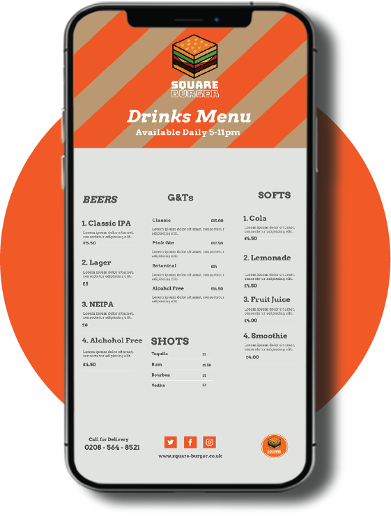 a mobile phone displaying the Square Burger drinks menu on the website.
