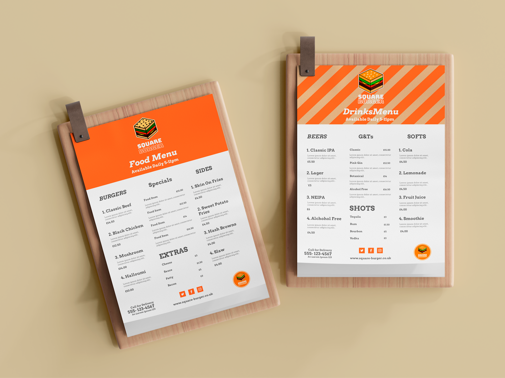 A food and a drinks menu on wodden clip boards