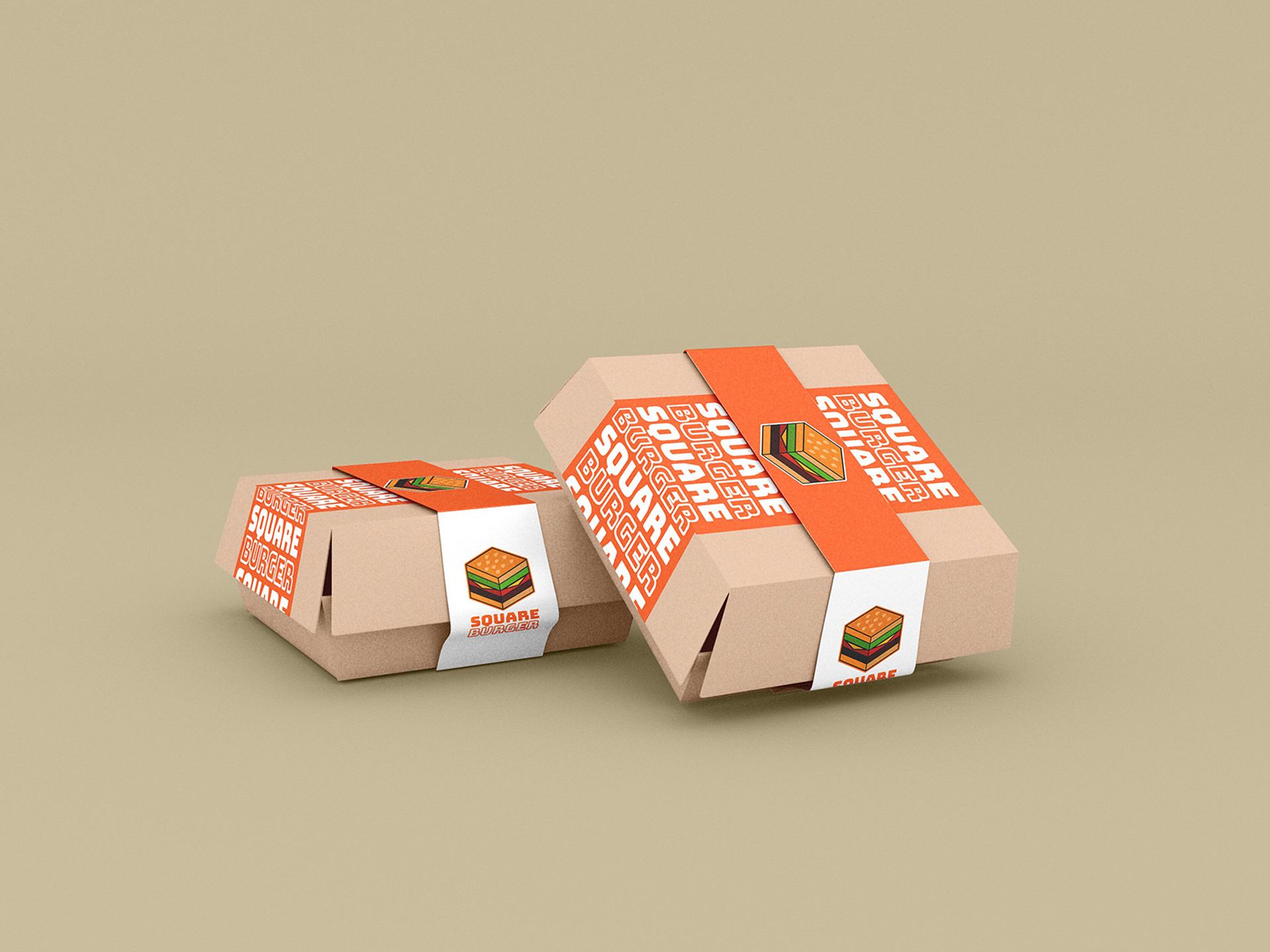 2 cardboard hamburger boxes displaying the Square Burger branding.