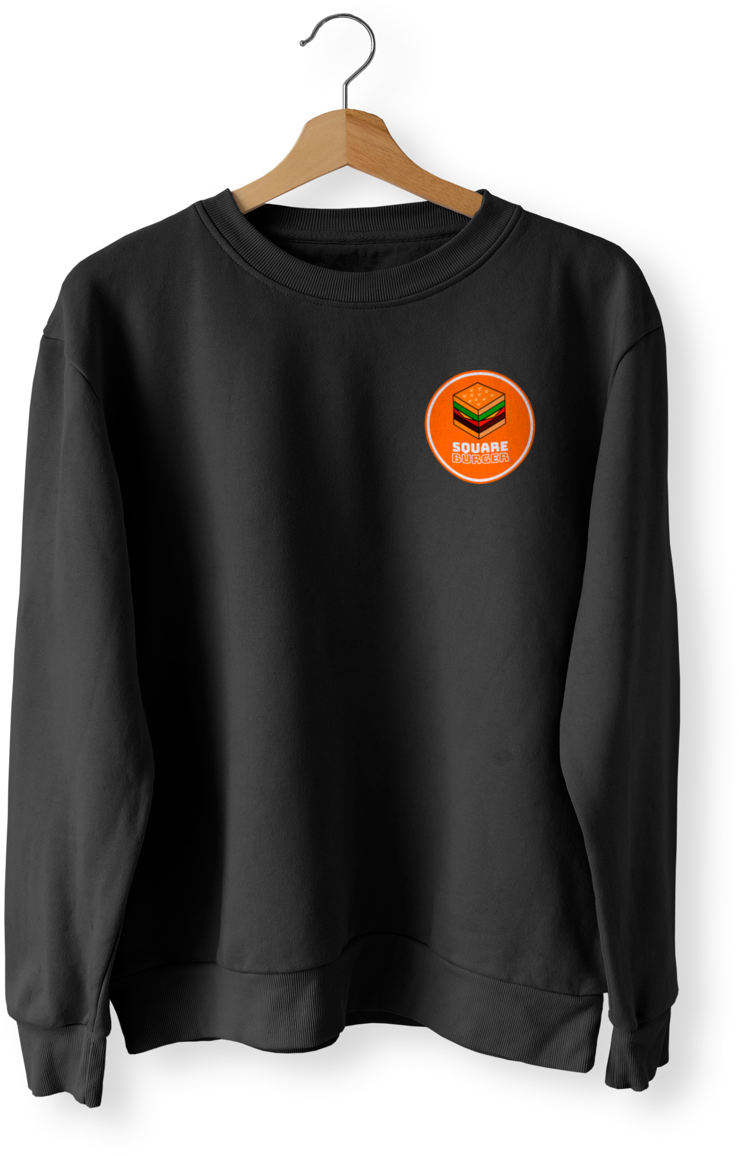 The front of a black sweatshirt with the Square Burger logo on the front.