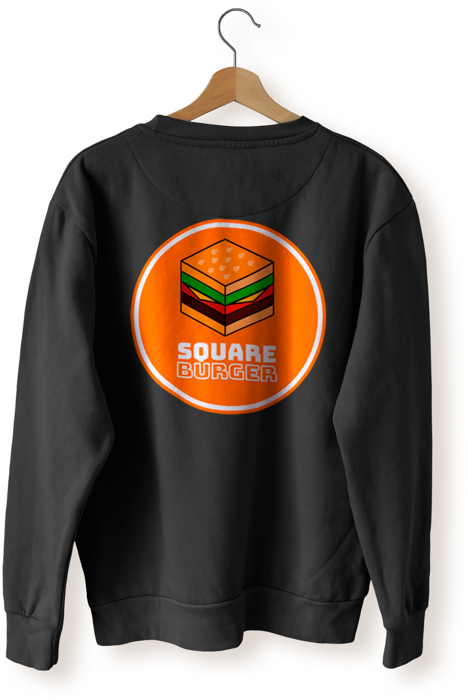 The back of a black sweatshirt with the Square Burger logo displayed large across the sweater.
