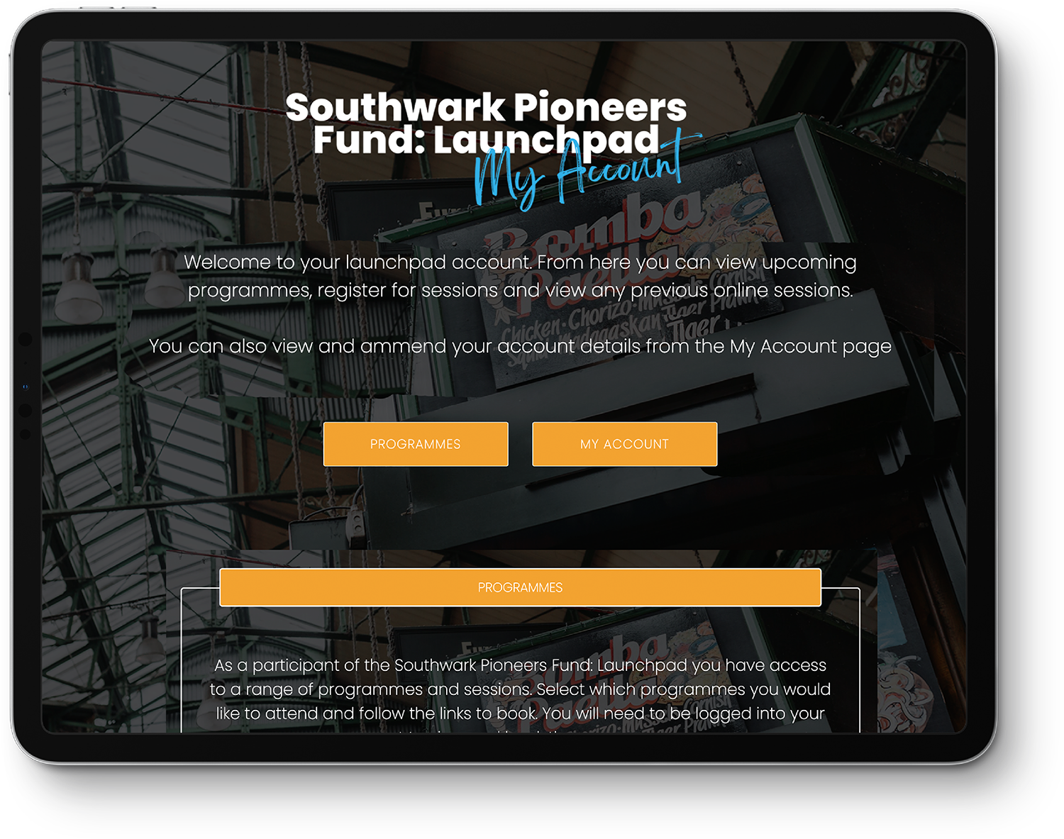 An iPad displaying the home page for the Launchpad portal.