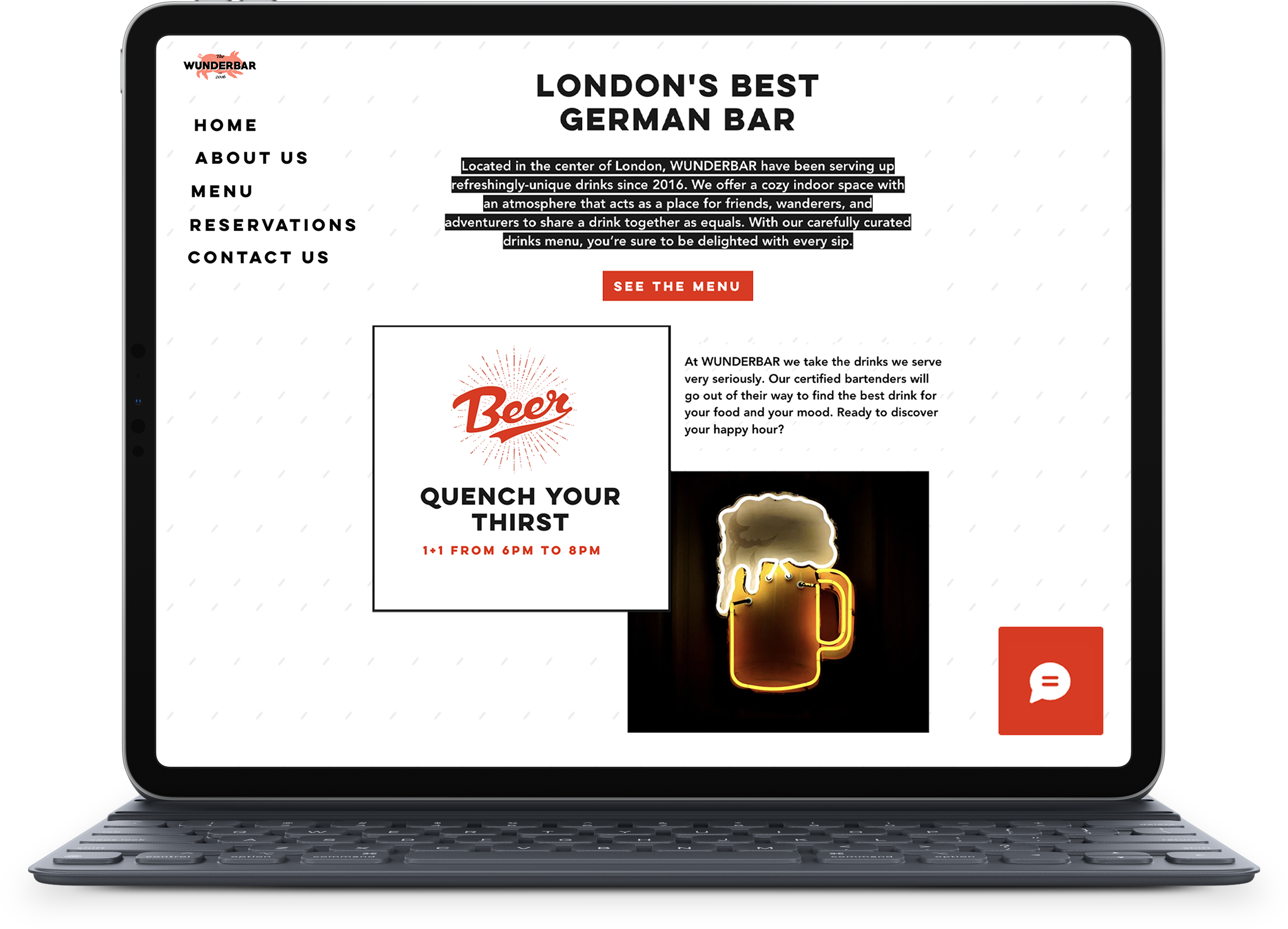 An iPad displaying the intro page of the website. The top half has some info on the bar. The bottom half has an image of a florescent light in the shape of a beer next to the opening hours.