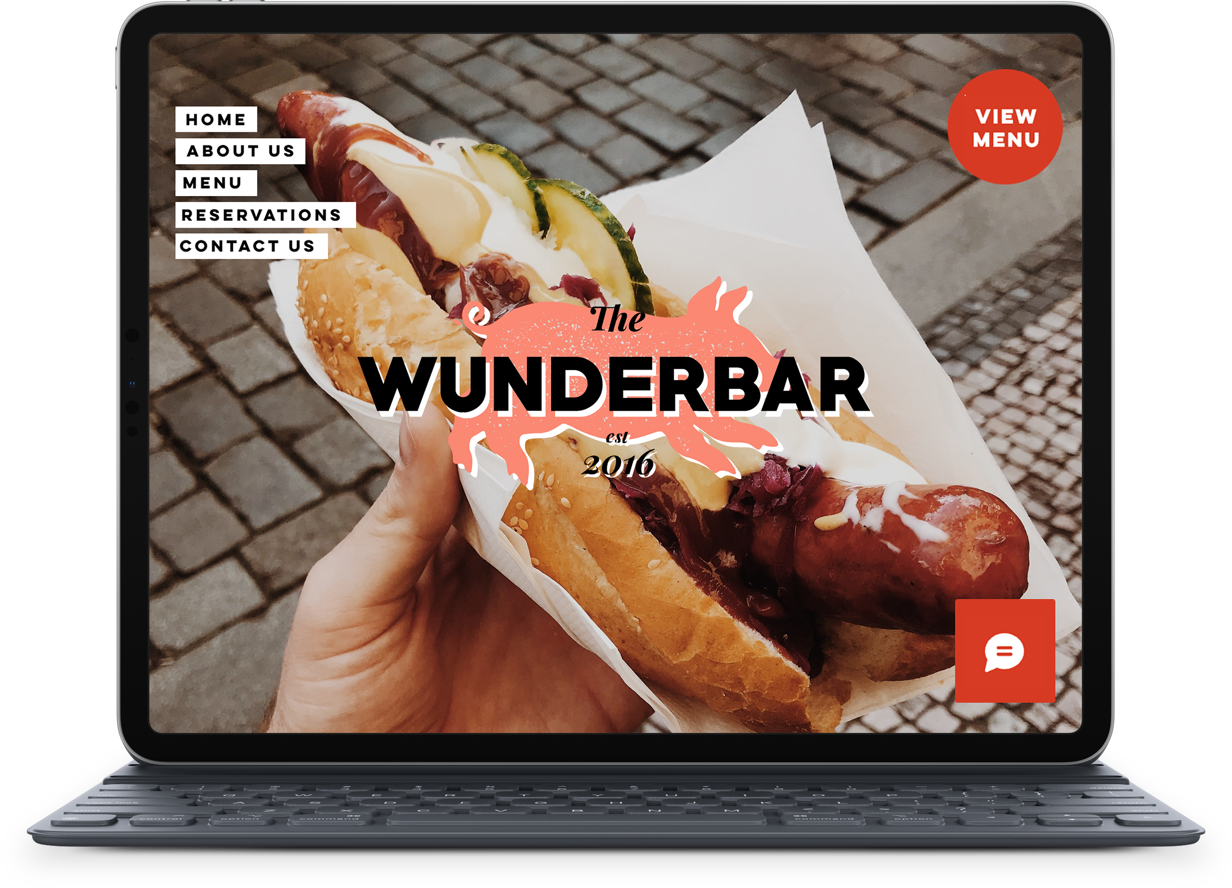 An iPad displaying a page on the website. An image of a hand holding a German Wurst in a bun. The Wunderbar logo is displayed over the top.